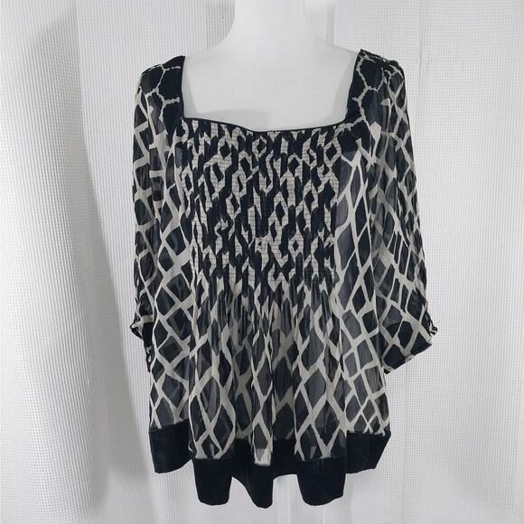 ICE! FLUTTERY, FLOWY BLACK & TAN RUCHED FRONT, SHEER CHIFFON TOP, BLOUSE! SZ L - Picture 2 of 8